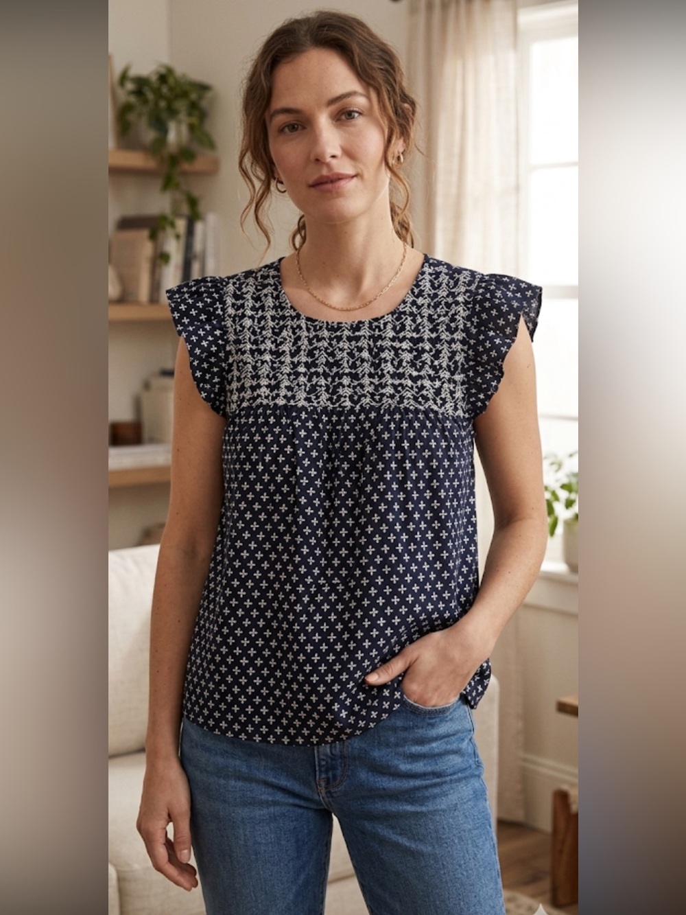 J CREW Blue FLUTTER SLEEVE SMOCKED BLOUSE LADIES Medium c1